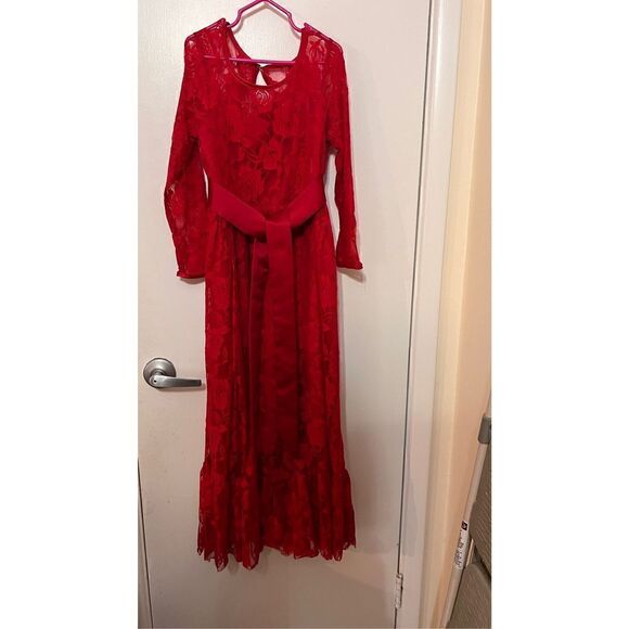 Girls Lace Long Sleeves Scoop Neck Belted Pullover Long Maxi Dress Red Sz 8-9Y - Picture 3 of 10